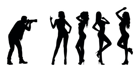 Male photographer taking photos of group sexy woman model in studio vector silhouettes.