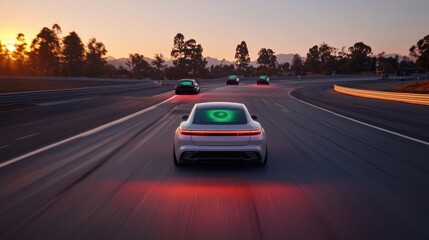 Fototapeta premium A sleek white car races on a track at sunset, showcasing advanced technology with glowing graphics on its rear.