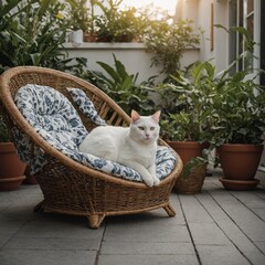 A white cat curling up in a wicker chair on a patio.