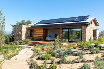 Fototapeta premium Modern eco-friendly house with solar panels surrounded by lush greenery.