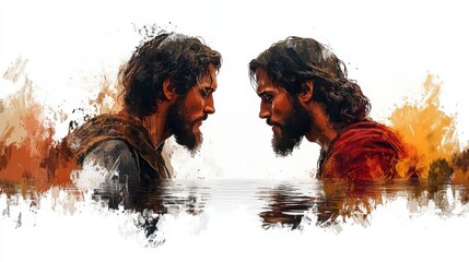 john the baptist baptizes jesus in the jordan river digital painting on white background