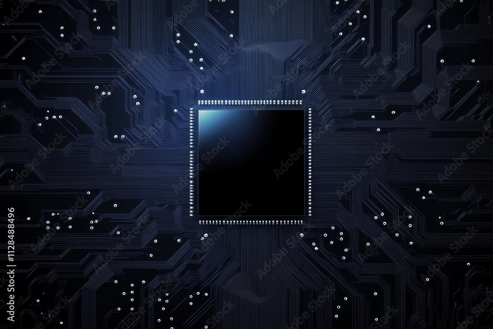 Poster close-up of a microchip on circuit board: technology and innovation in electronics