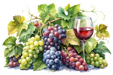 Naklejka premium Vibrant watercolor wine grapes, red and white vines, isolated botanical art print, perfect for wine harvest decor.