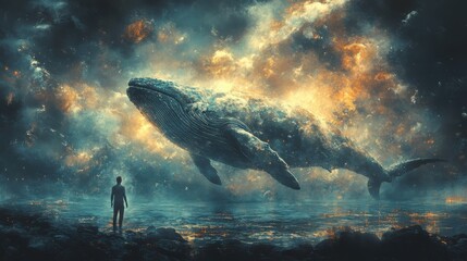 Fototapeta premium jonah and the whale illustration of a whale swimming close to the silhouette of a man in water digital watercolor painting