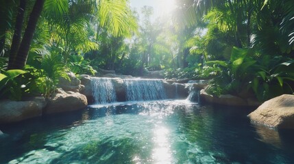 Serene Waterfall Cascading Through Lush Tropical Paradise