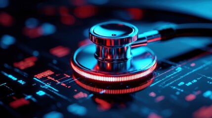 High-tech stethoscope on digital health data background