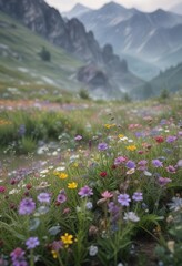 Fototapeta premium Soft focus landscape of wildflowers in the mountains with a misty background, mountain meadow, alpine flowers, spring flowers