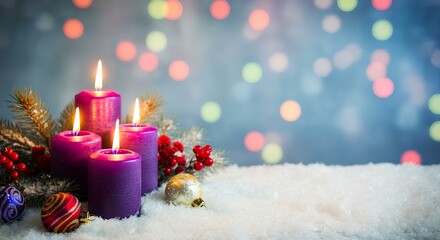 Four lit purple candles on snow with ornaments, berries, and pine branches, creating a festive ambiance.