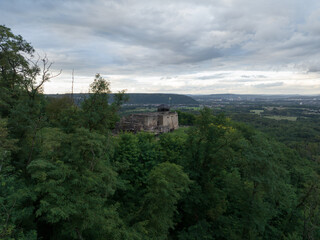 Aerial drone photo of Teufelsburg Felsberg, historic fortification.