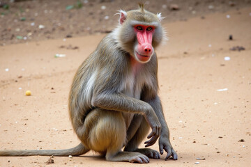 Baboon mandrill sandy ground grey white coat red face nose