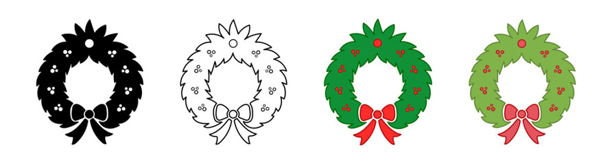 Set of Festive Christmas Wreaths with Bows and Ornaments. Black silhouettes, outlines, colored versions isolated on white background. Holiday Decoration, Festive Garland, Seasonal Celebration, Decor