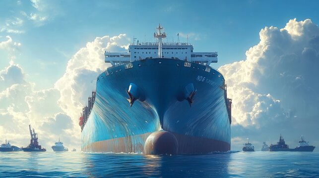 A colossal blue cargo ship dominates the seascape, its massive form captured in a frontal view. Engrossed in vital cargo exchange operations, the vessel plies the horizon