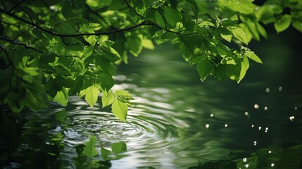 Lush green leaves over tranquil still water