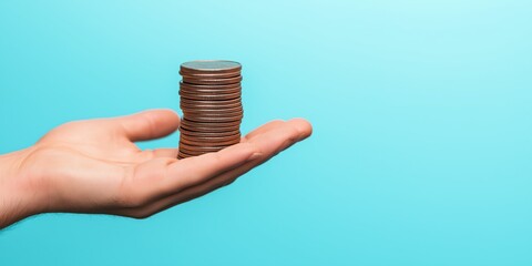 A hand graciously holding a stack of coins against a serene turquoise background, visualizing the concept of wealth, growth, and the value of financial prosperity.