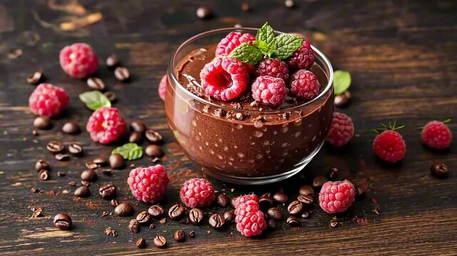 Mocha mousse dessert with raspberries and mint leaves, served in a glass bowl. Scattered coffee beans and a rustic wooden backdrop