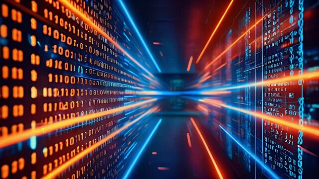 Abstract digital tunnel with binary code and neon lights.