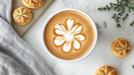 Fototapeta premium Steaming Latte Art with Delicate Flower Design, Accompanied by Gourmet Pastries and Aromatic Herbs