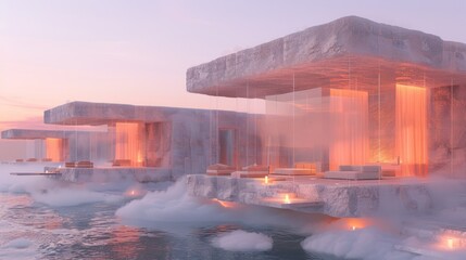 Modern minimalist architecture over water, sunset.