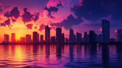 Fototapeta premium twilight view of modern cityscape, silhouettes of high-rise buildings, glowing sky in vibrant hues, calm waters below, peaceful and serene mood