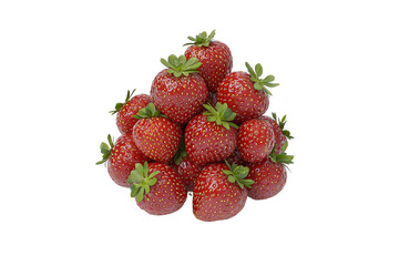 A cluster of fresh, ripe strawberries with vibrant red color and green leafy tops.