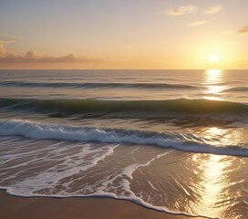 Obraz premium Soft golden light spreads over the calm sea as morning breaks, gently illuminating waves and sky, peaceful atmosphere, soft focus, serene sea