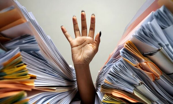 An accountant under a pile of office documents. A human hand emerges from a pit of accounting papers. Concept: accounting report, paperwork routine.