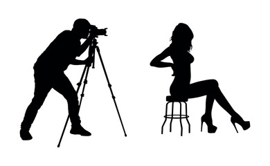 Male photographer with camera on tripod shooting sexy erotic woman model posing sitting on chair silhouette vector.