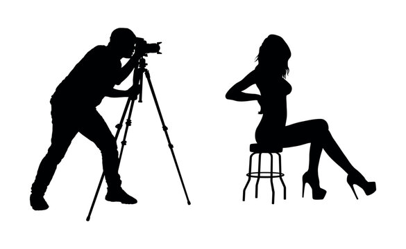 Male photographer with camera on tripod shooting sexy erotic woman model posing sitting on chair silhouette vector.