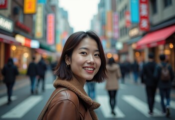 Fototapeta premium A young woman smiles as she walks down a busy city street.