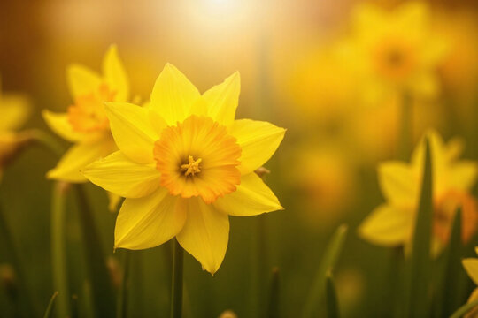 Bright yellow daffodil full bloom trumpet petals foliage bokeh effect