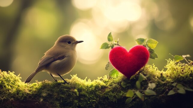 Bird perched beside a red felt heart on moss representing gentleness and the beauty of nature