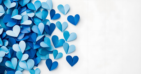 many small blue hearts on white background, paper art illustration. valentine's day card 