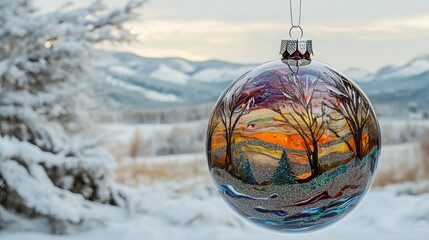 A glistening glass ornament hangs delicately against a backdrop of a snowy winter landscape. The intricate patterns and vibrant hues of the bauble contrast sharply with the serene