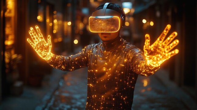 Person wearing VR headset and glowing suit interacts with virtual reality in city alley.
