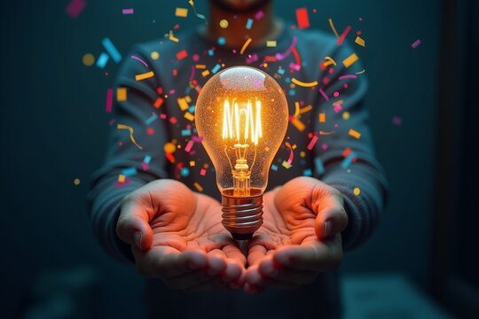 Illuminating creativity with a glowing lightbulb surrounded by colorful confetti, symbolizing new ideas and innovation in a dark setting