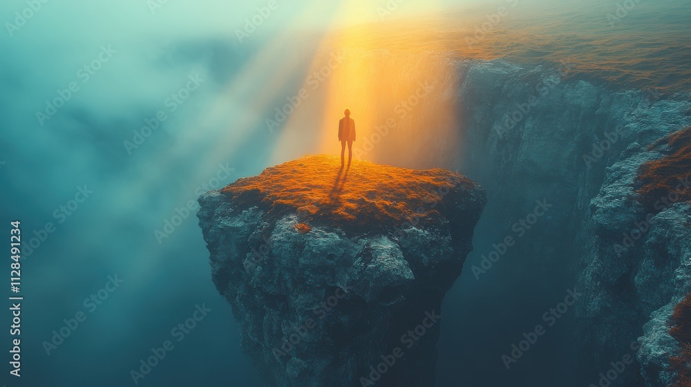 Poster light of faith a vertical shot of a person standing in the middle of a cliff in the rays of light br