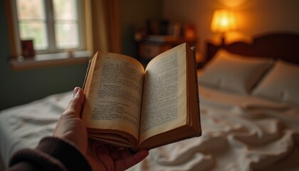 Cozy bedroom atmosphere with a hand holding an open book in warm evening light near a neatly made bed