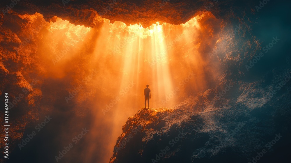 Poster light of faith a vertical shot of a person standing in the middle of a cliff in the rays of light br