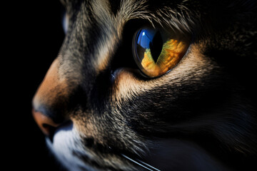 Close-up of cat's eye with intense colors and detailed fur in low light