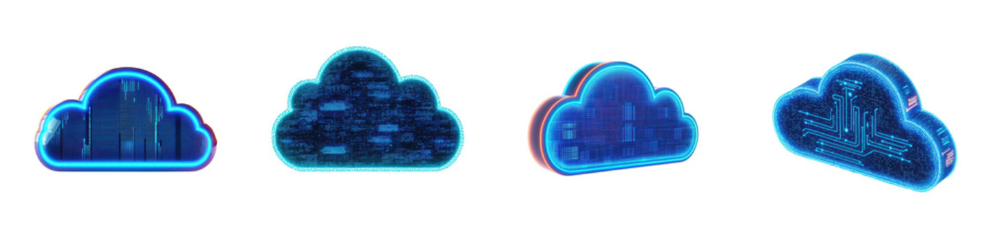 Surreal digital cloud computing technology landscape with futuristic city skyline and interconnected data cloud structures