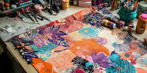 Top view of a holiday tapestry resting on a table, surrounded by crafting supplies for seasonal decorations.