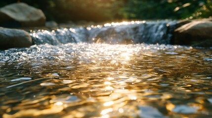 Fototapeta premium Golden Sunlight Reflects On A Gentle River Flow