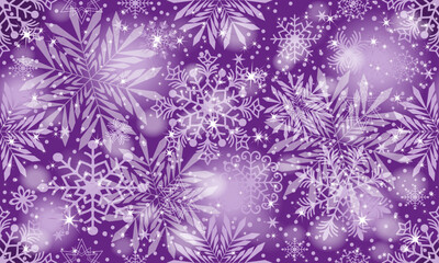 Vector seamless Christmas and New-Year hand drawn pattern with doodle snowflakes and stars and gradient spots on a violet background