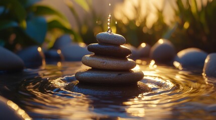 Obraz premium Stacked Stones In Water Golden Sunset Serenity