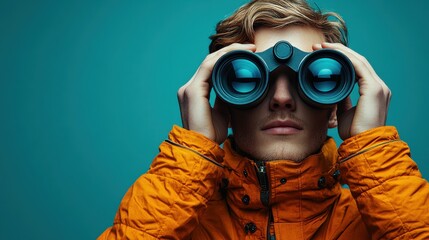 man gazing far ahead through large binoculars searching for something someone is keeping a close eye on someone boy has field glasses on when he travels illustratio