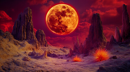A surreal sci-fi fantasy landscape with a glowing Blood Moon casting crimson light over an alien desert terrain, with jagged rock formations and mysterious glowing plants. 