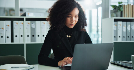 Review, laptop and reading with business woman in office for email, research or corporate governance specialist. Stakeholder news, crm manager and online with person in firm for report and compliance