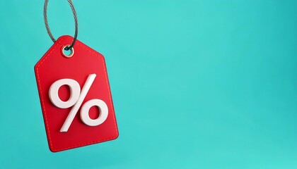 A red discount tag with a percentage symbol hangs against a turquoise background, symbolizing sales and promotions.