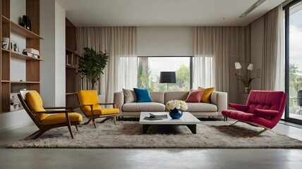 Minimalist Modern Living Room with Vibrant Multicolored Armchairs
