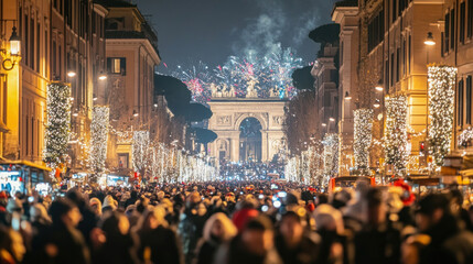 Crowd celebrating new year's eve in rome with fireworks over porta pia